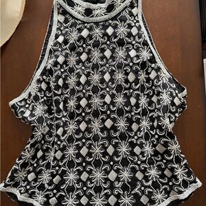 Papell Boutique Black Halter Camisole with Silver Floral Embroidery